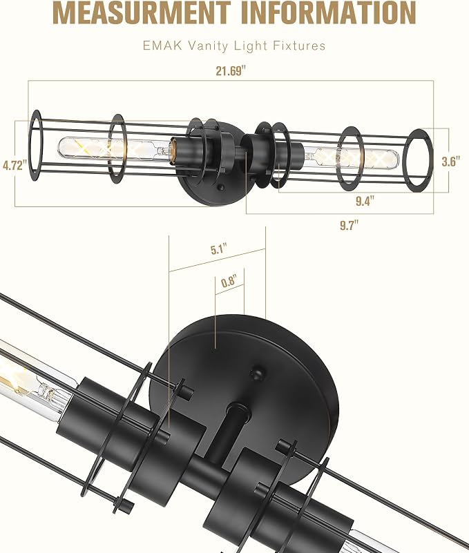 Emak 22 Inch Black Bathroom Light Fixtures Over Mirror, Modern Industrial 2 - Image 4
