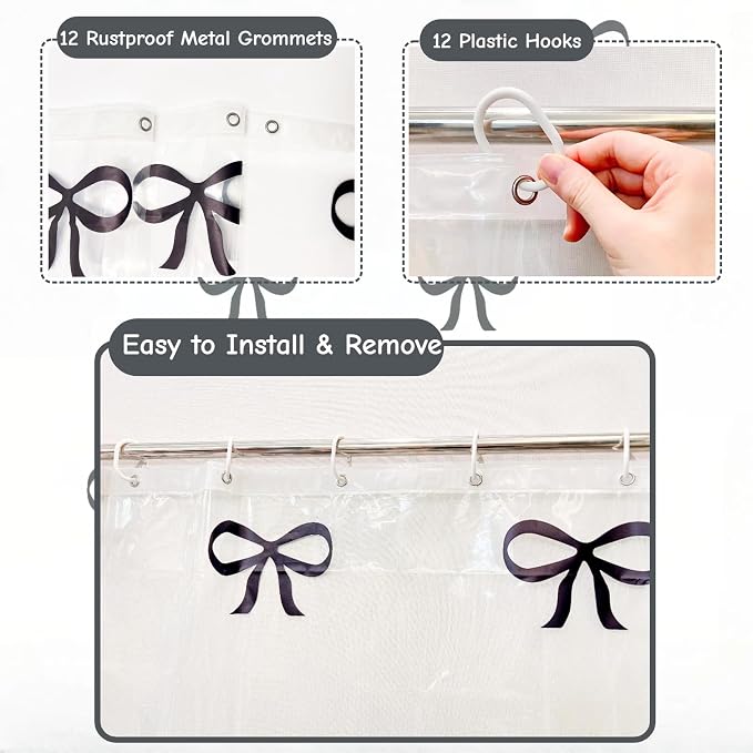 Clear Cute Black Bow Shower Curtain Liner, Plastic Transparent Girly Fancy - Image 4