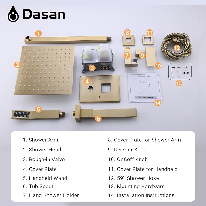 DASAN Tub Shower Faucets Sets Complete Brushed Gold Bathtub Shower System - Image 7