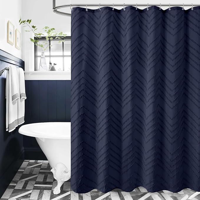 Navy Blue Fabric Shower Curtain Boho Tufted Chevron Striped Textured Cloth - Image 6