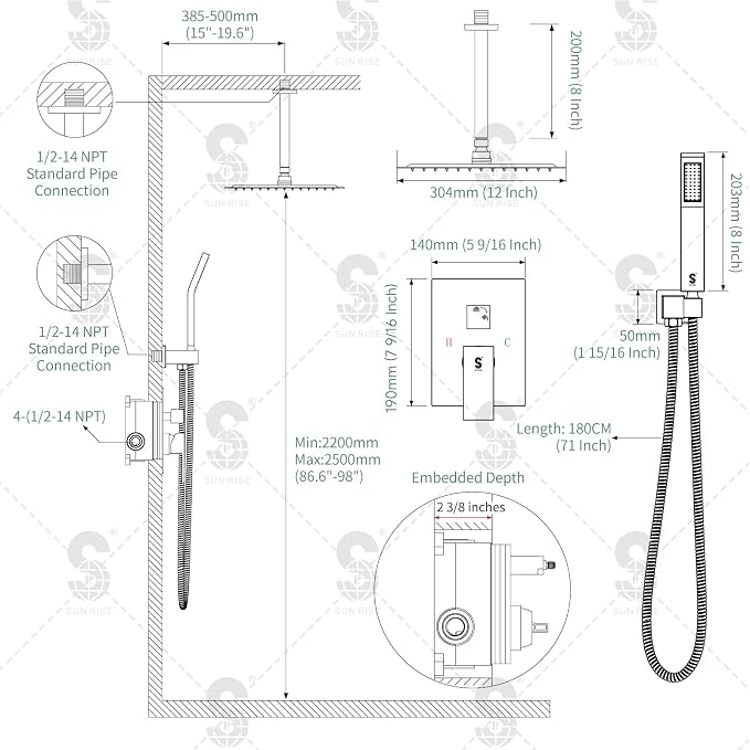 SR SUN RISE 12 Inch Ceiling Mounted Shower System Rain Mixer Combo Set Rainfall - Image 9