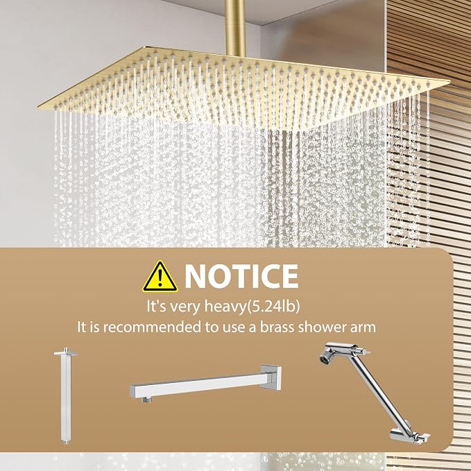 Gold Rain Shower Head, 16 Inch Ultra Thin 304 Stainless Steel Square Rainfall - Image 3