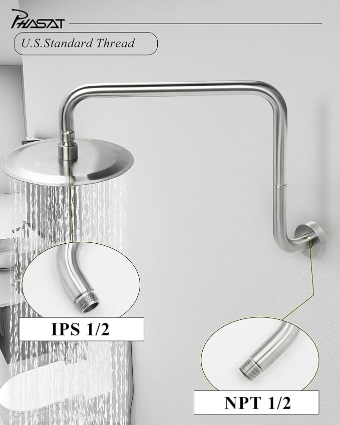 PHASAT S Shaped Shower Arm, Shower Arm Extension Brushed Nickel, High Rise - Image 4