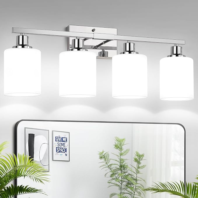 4-Light Vanity Light with Milky White Shades, Chrome Bathroom Lighting Fixtures by Bathroomlightfixtures