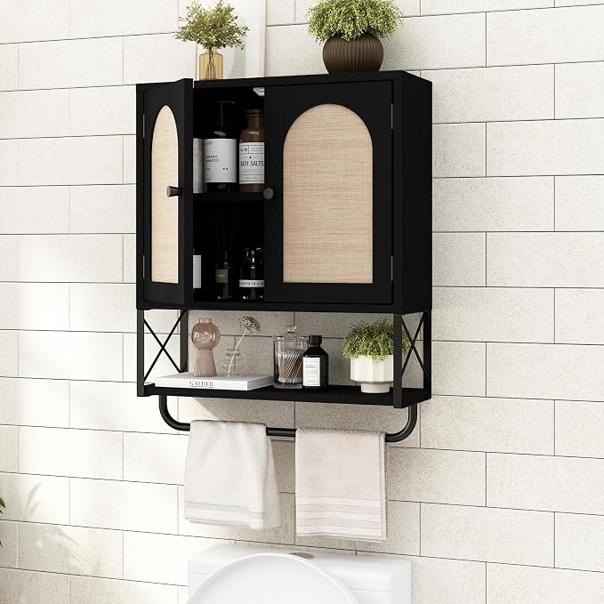 RUSTOWN Rattan Bathroom Wall Cabinet, Boho Over The Toilet Storage Cabinet - Image 4