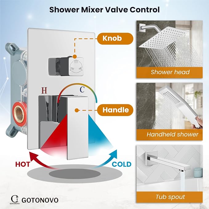 gotonovo Shower System with Tub Spout Wall Mounted Rain Shower Head and Handle - Image 3