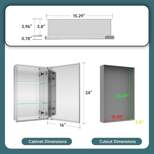 16"x24" Medicine Cabinet Mirror, Aluminum Silver Recessed Medicine Cabinet - Image 2