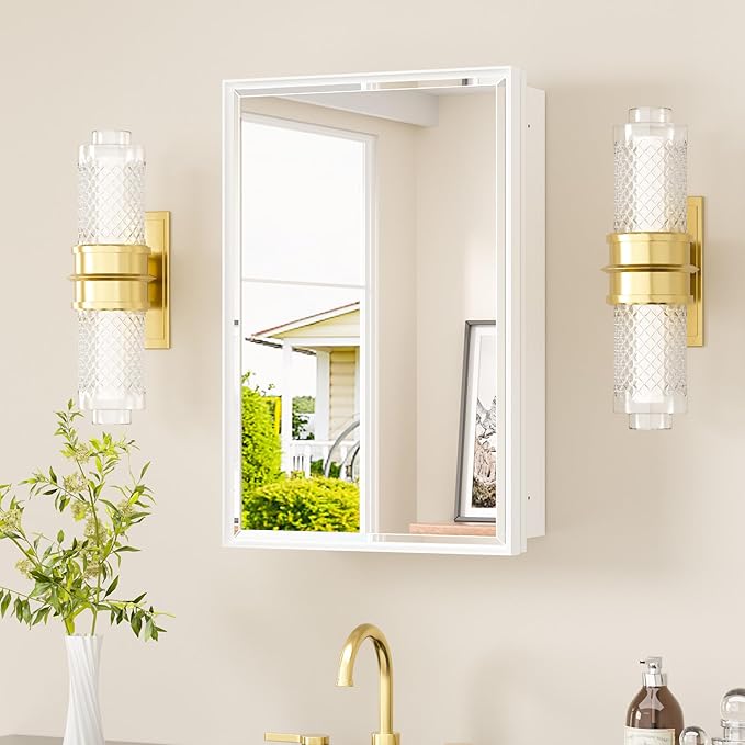 TETOTE White Medicine Cabinet 16" x 24" Bathroom Mirror by TETOTE