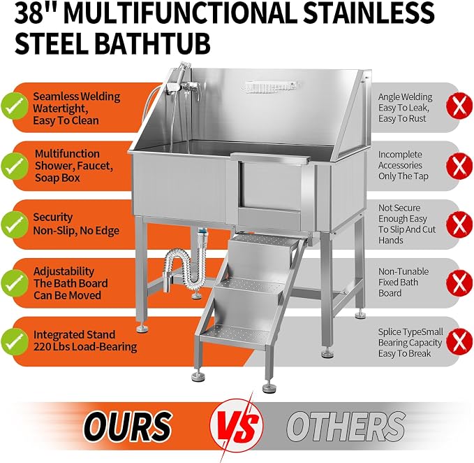 38" Dog Washing Station Large Dogs Grooming Tub Professional Stainless Steel - Image 4