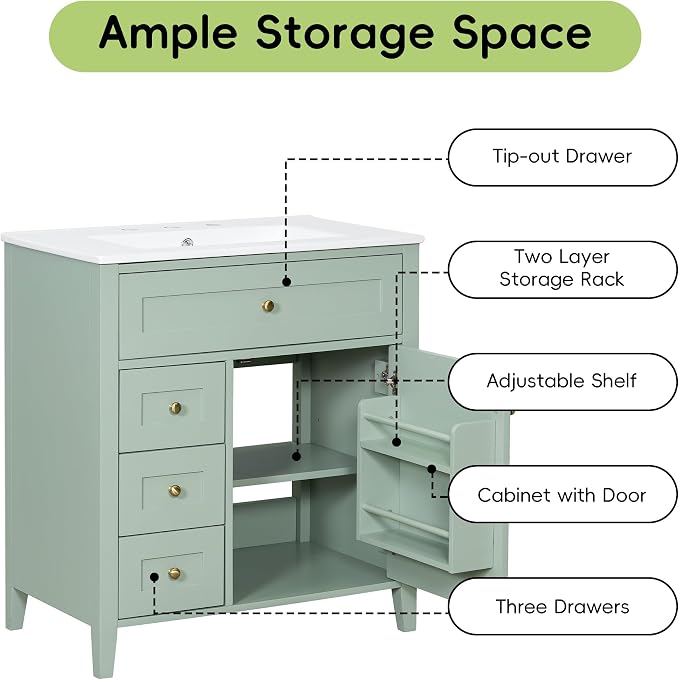 30" Bathroom Vanity with Sink Combo, Tip-Out Drawer, Solid Wood & MDF Modern - Image 5