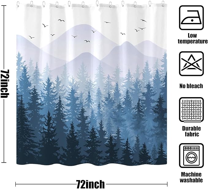 Aipon Blue Misty Forest Shower Curtain Ombre Nature Tree Plants Shower Curtains - Image 7