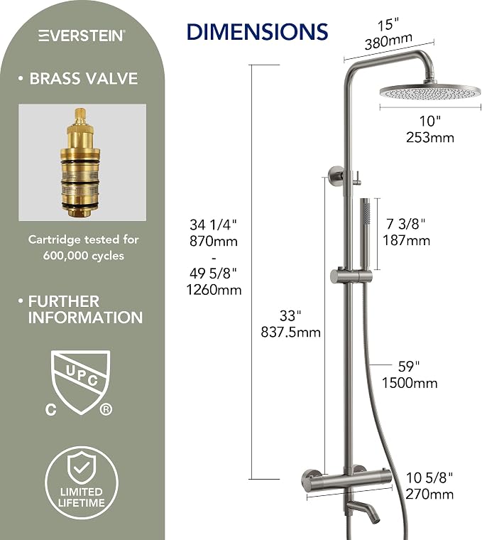 Exposed Shower System with Tub Spout, EVERSTEIN 10 inch High Pressure Shower - Image 5