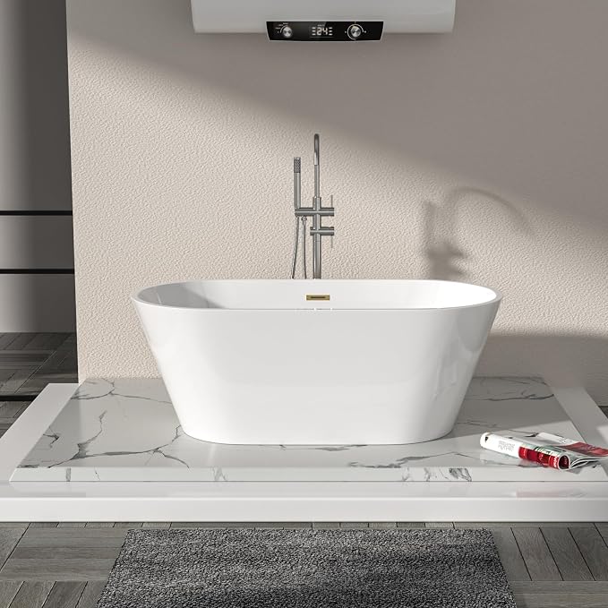Logmey 59 In White Acrylic Freestanding Bathtub Oval Shape Soaking Tub - Image 5