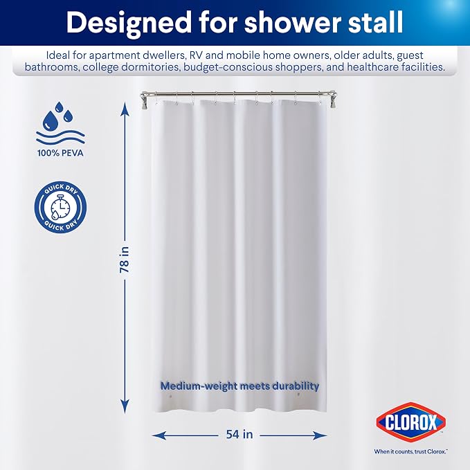 CLOROX Shower Curtain Liner, Premium Medium-Weight Durable Waterproof 6g PEVA - Image 2