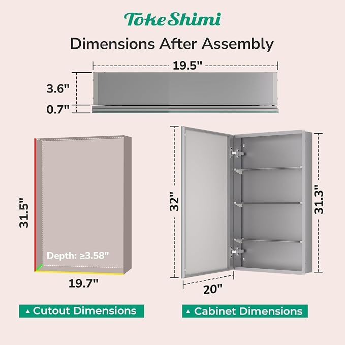 TokeShimi 20x32 Bathroom Cabinet Mirror Tempered, Aluminum Silver Recessed - Image 2