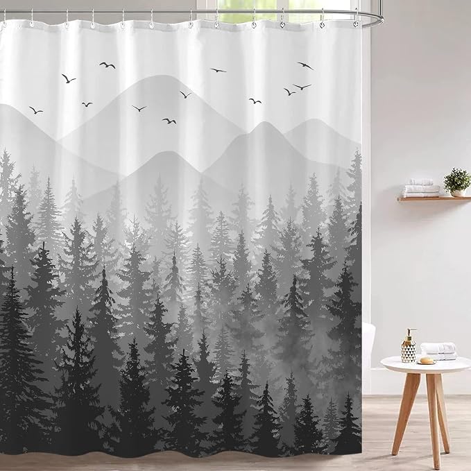 Aipon Black Misty Forest Shower Curtain Gray Ombre Nature Tree Plants Shower - Image 5