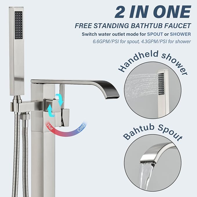 Freestanding Bathtub Faucet Brushed Nickel Tub Filler Floor Mount Single Handle - Image 2
