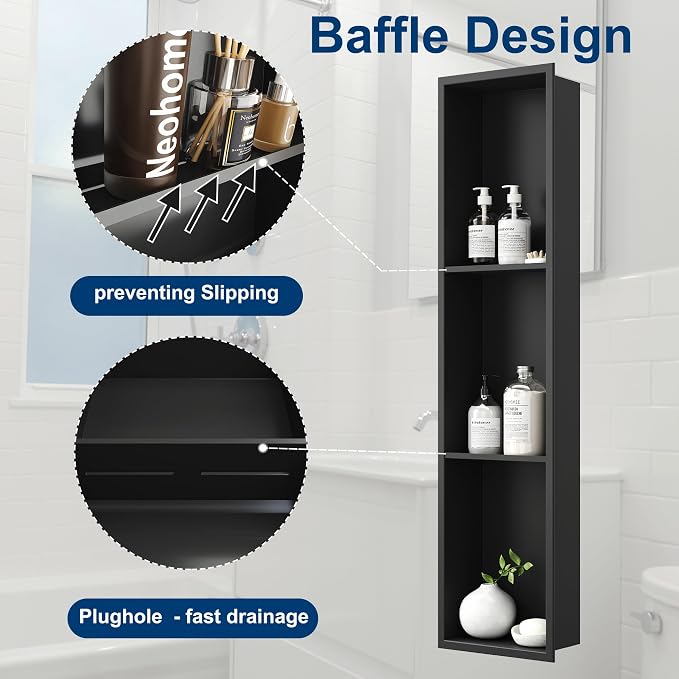 Neodrain 8X36 Inch Matte Black Three Layers Shower Niche, Stainless Steel NO - Image 4