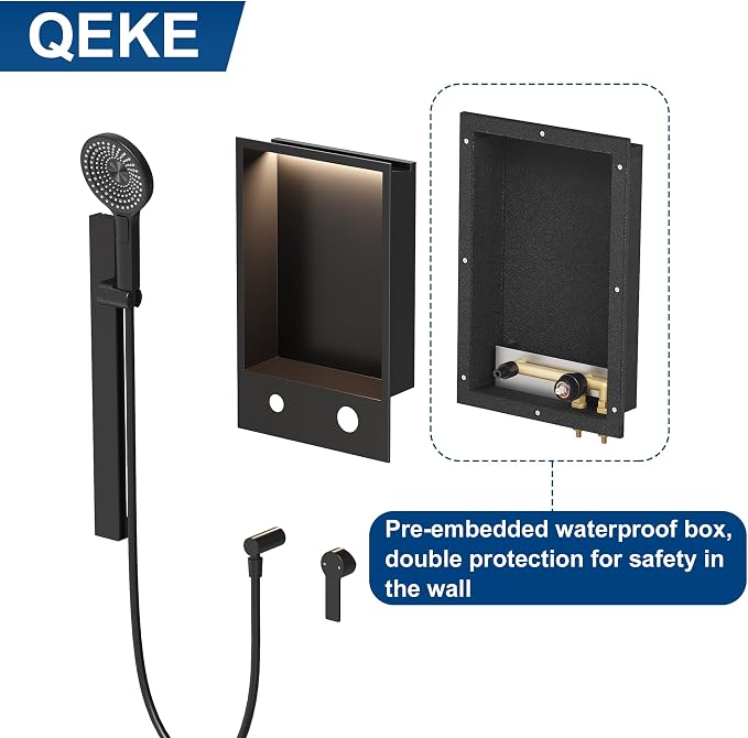 Shower Niche with Round Hand Shower, Sliding Bar and LED Light in Matte - Image 2