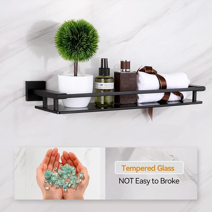 LANC Black Bathroom Shelves Glass Shelf 20-Inch Floating Tempered Glass Shelf - Image 6