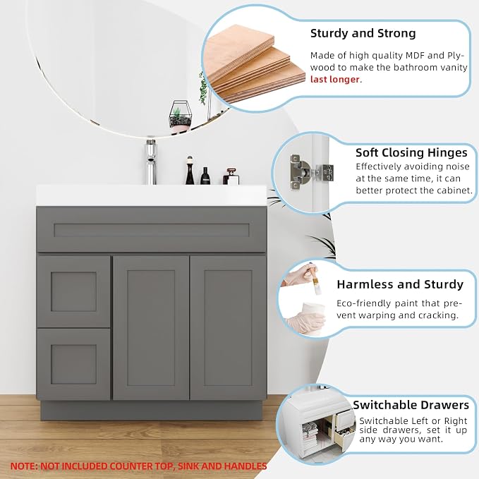 KitchenMan Bathroom Vanity 36 Inch Unassembled Bathroom Sink Cabinet - Image 4