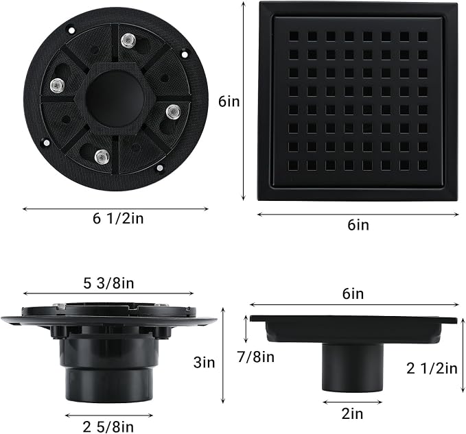 6 Inch Square Shower Floor Drain, Stainless Steel Black Shower Drain Kit - Image 6