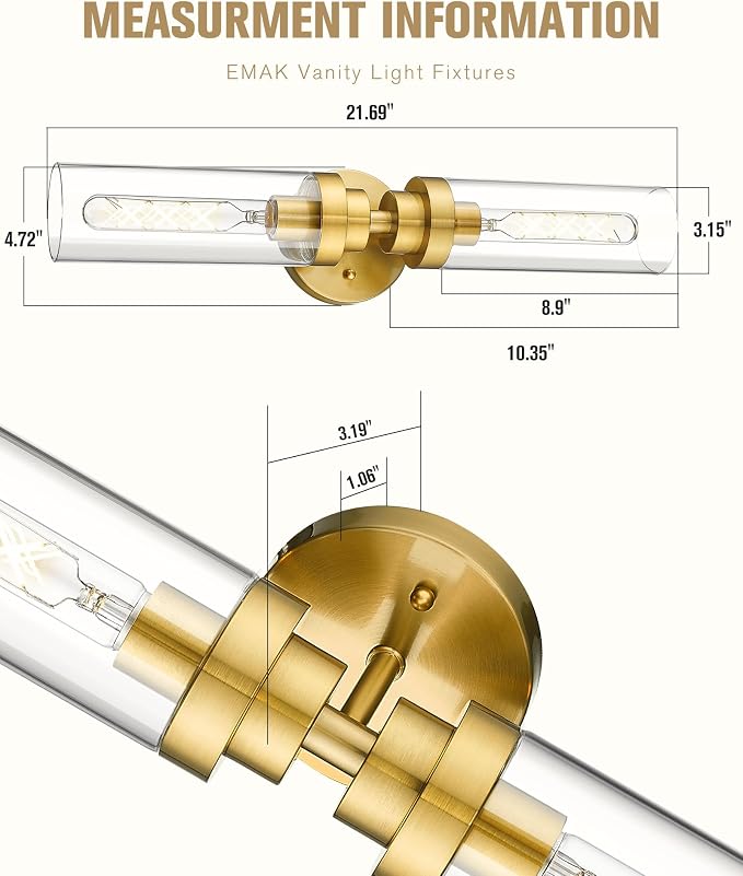 Emak 2-Light Bathroom Vanity Light Fixtures, Modern 22 Inch Brushed Gold Vanity - Image 4