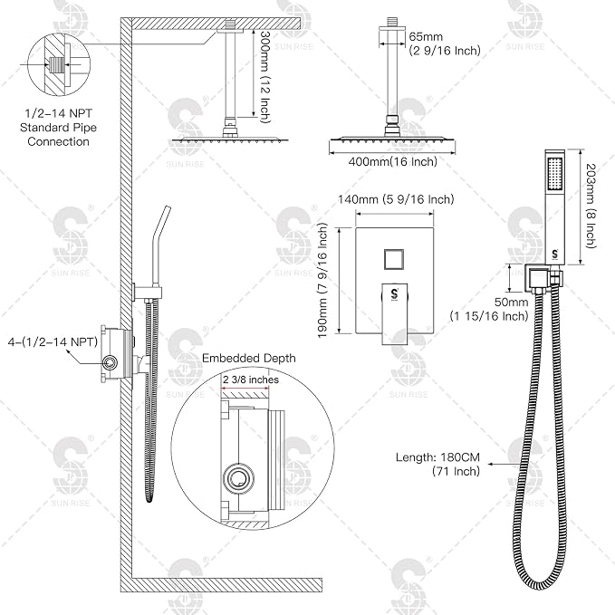 SR SUN RISE 16 Inch Ceiling Mounted Shower System Rain Mixer Shower Combo Set - Image 8