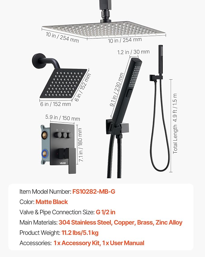 VEVOR Shower Faucet Set, 10 Inch Ceiling Mount Rainfall Shower System - Image 7