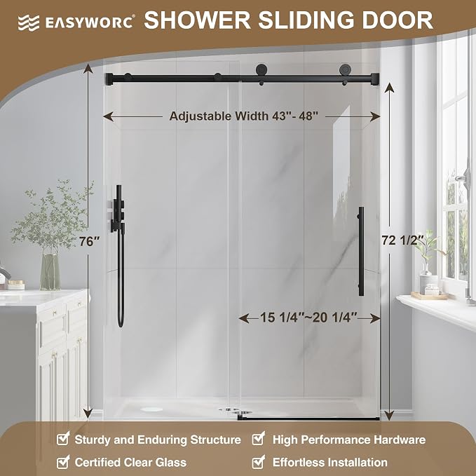 Frameless Glass Shower Door, 43-48" W x 76" H Sliding Frameless Shower Door - Image 5