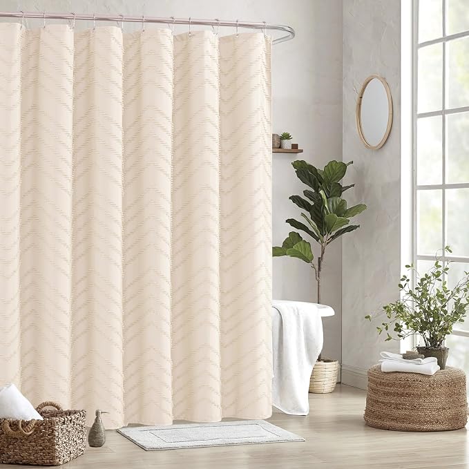 Cream Shower Curtain Boho Farmhouse Shower Curtain 72”W x 72”L Tufted Chevron - Image 8