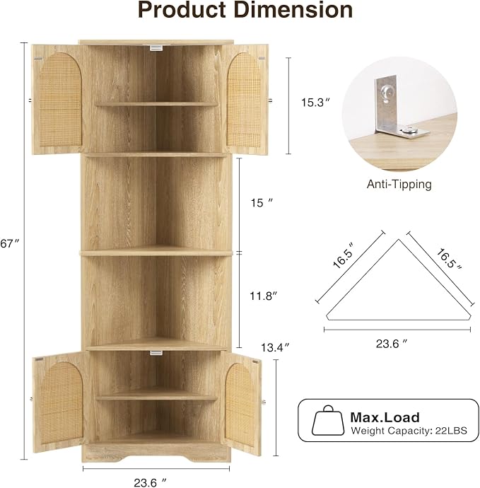 67''H Tall Corner Cabinet with Handmade Rattan Door, Rattan Storage Cabinet - Image 2