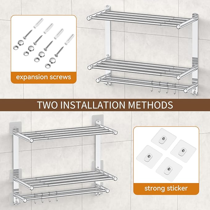 Bathroom Towel Rack with Shelf and Towel Bar, 2-Tier Expandable SUS304 - Image 2