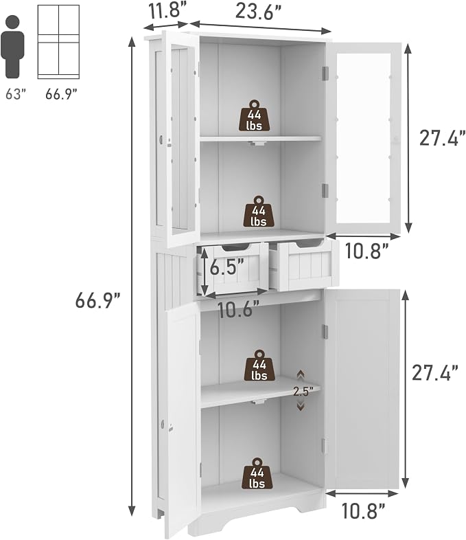 67" Tall White Bathroom Cabinet Storage Cabinet, Freestanding Storage Cabinet - Image 2