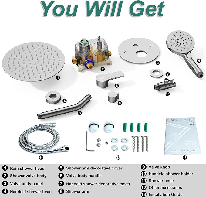 Shower Faucet Set 12IN Brass Rough-In Valve Body Trim Kit Rainfall Included - Image 5