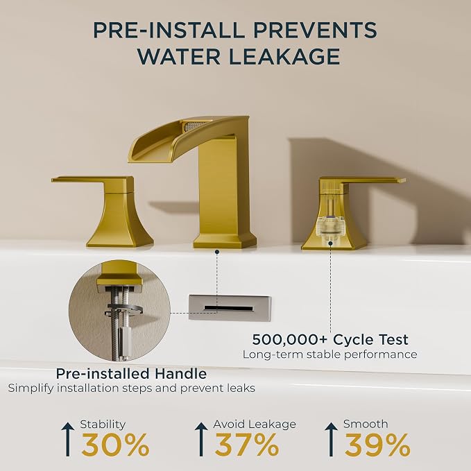FORIOUS Waterfall Bathtub Faucet Set 3 Hole Brushed Gold, 2 Handle Deck Mount - Image 6