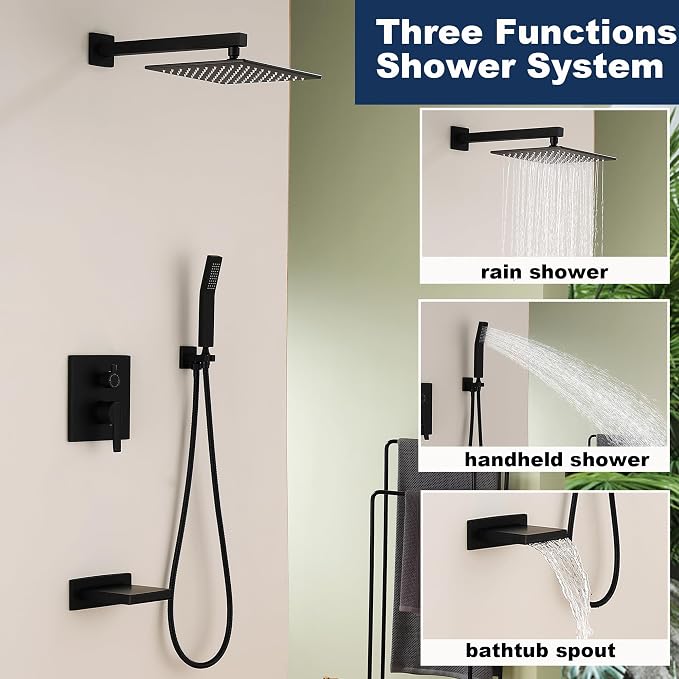 Shower System with Tub Spout, All Metal Black Bathtub Shower Faucet Set with - Image 3