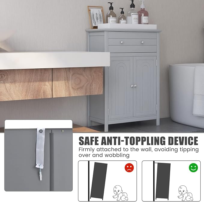 COSTWAY Bathroom Floor Cabinet, Wooden Side Storage Organizer w/Larger Drawer - Image 8