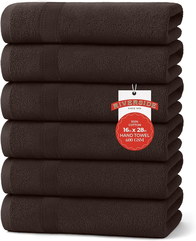 RIVERSIDE 6 Pack Premium Hand Towels Set, 16x28 inches, 100% Ring Spun Cotton by RIVERSIDE