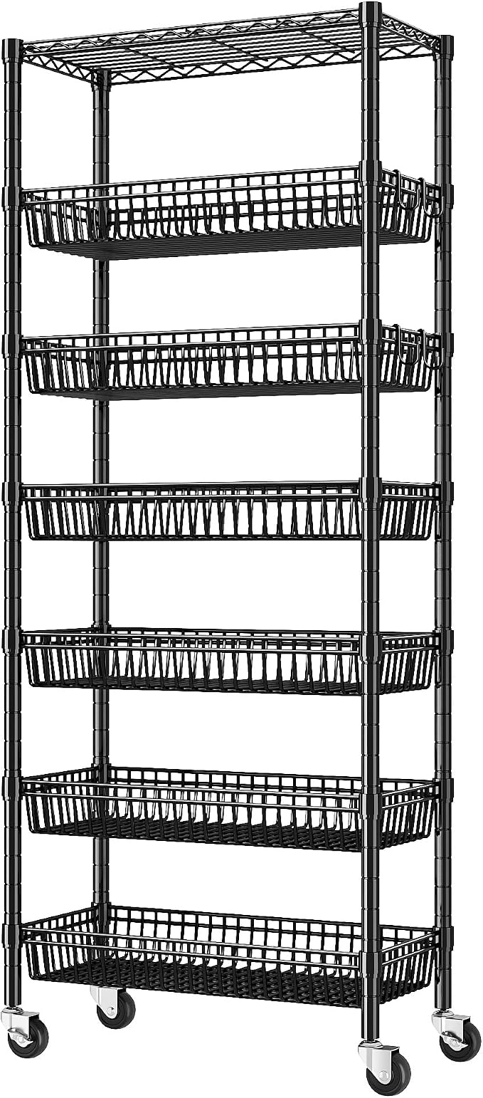 7 Tier Wire Shelving with Wheels 72" H Adjustable Basket Shelf Storage Shelves by Durayloly