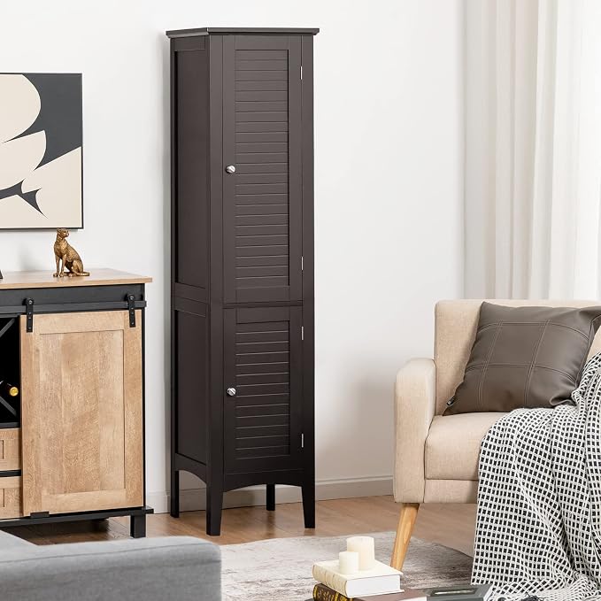 COSTWAY Tall Bathroom Storage Cabinet, 5-Tier Freestanding Linen Tower Cabinet - Image 4