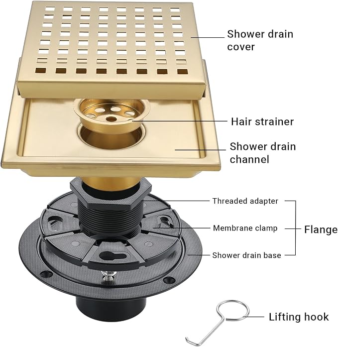 6 Inch Square Shower Floor Drain, Stainless Steel Black Shower Drain Kit - Image 3