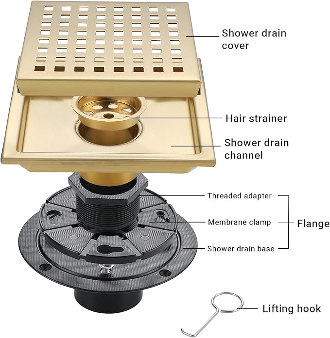 4 Inch Square Shower Floor Drain, Stainless Steel Black Shower Drain Kit - Image 3