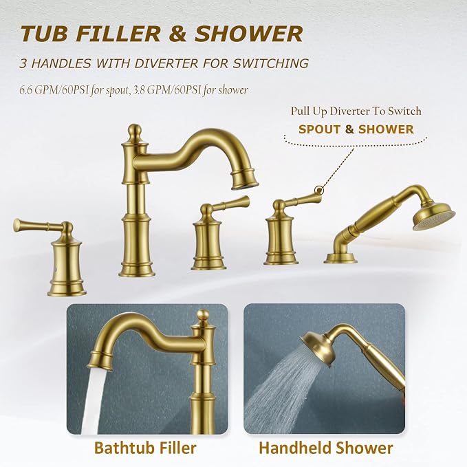Roman Tub Faucet Set With Handheld Shower 5 Hole Deck Mount Tub Filler With - Image 3