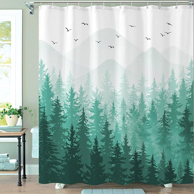 Aipon Teal Misty Forest Shower Curtain Ombre Nature Tree Plants Shower Curtains - Image 4