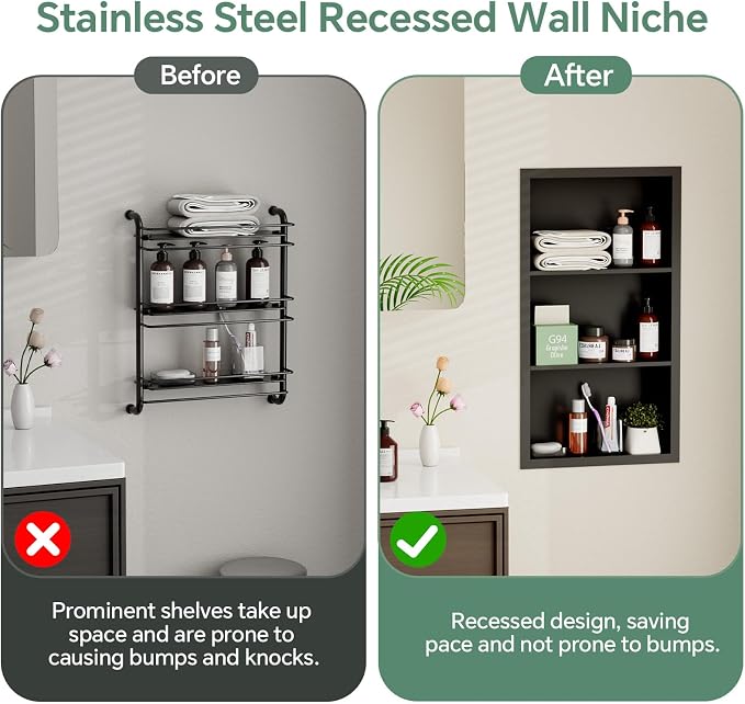 Stainless Steel Recessed Medicine Cabinet 14''*24'', Rust-Proof Metal Wall Niche - Image 3