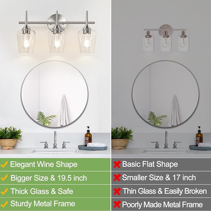3-Light Bathroom Light Fixtures, 19.5 in Brushed Nickle Vanity Lights - Image 2
