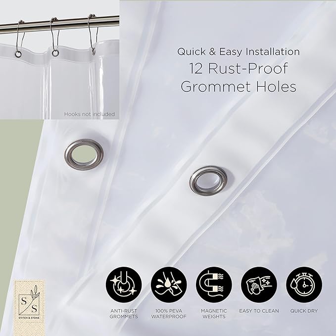 Stitch & Stone Shower Curtain Liner, Premium Medium Weight Durable Waterproof - Image 6