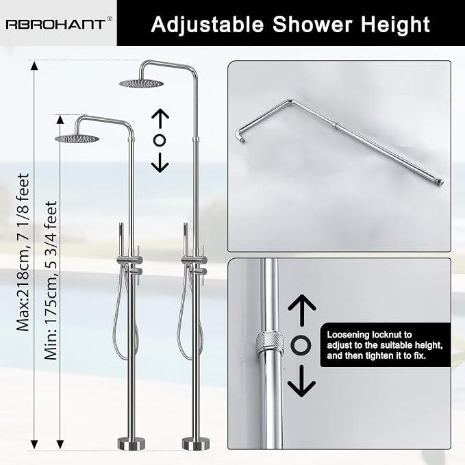 RBROHANT Freestanding Outdoor Shower Chrome, Height Adjustable Outside Showers - Image 2