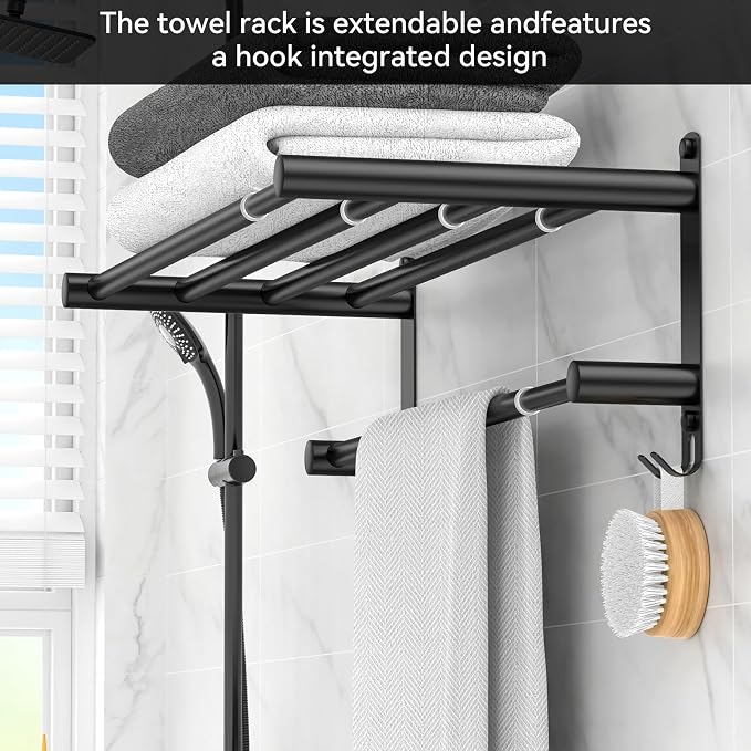 Black Adjustable Towel Bar for Bathroom Wall Mount17-30.7inch Adhesive Shower - Image 4